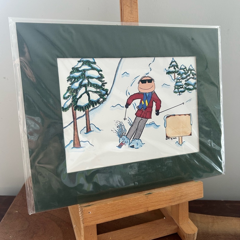 Vintage Skiing Cartoon “Chuckies” Artwork with Green Matte